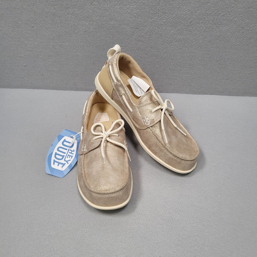 Hey Dude Harbor Breeze Lo Classic Platinum Womens Shoes 8 45199-018 Gold Loafers